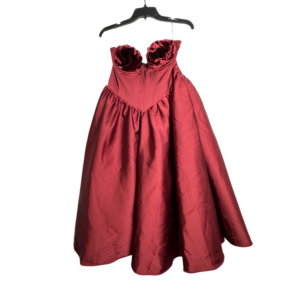Oh Polly Burgundy Strapless Corset Midi Dress Velvet Bust Lace Up Back US 10 New - Picture 4 of 9